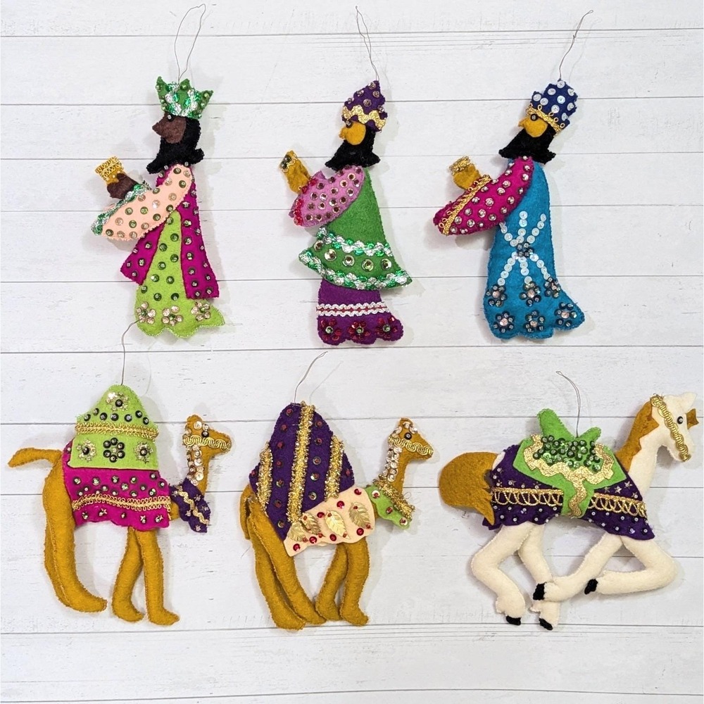 Vtg Christmas 1970's Lee Wards Complete 3 Wisemen Camels Felt Ornaments 6 Piece